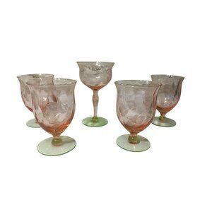 5 Watermelon Pink Green Vaseline Optic Wine Glass Set Vintage Barware Mixed Lot